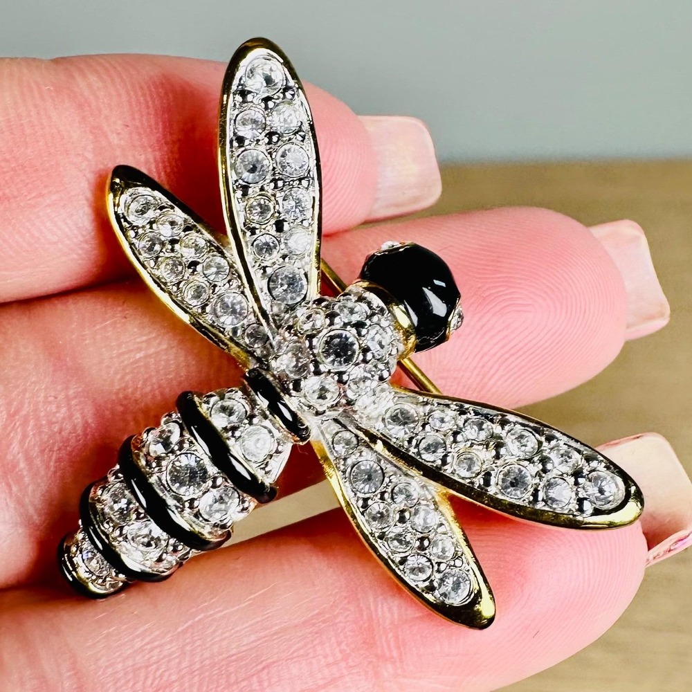 VTG Swarovski Crystal Bee Brooch Black Enamel Gold Plated Swan Signed Retired